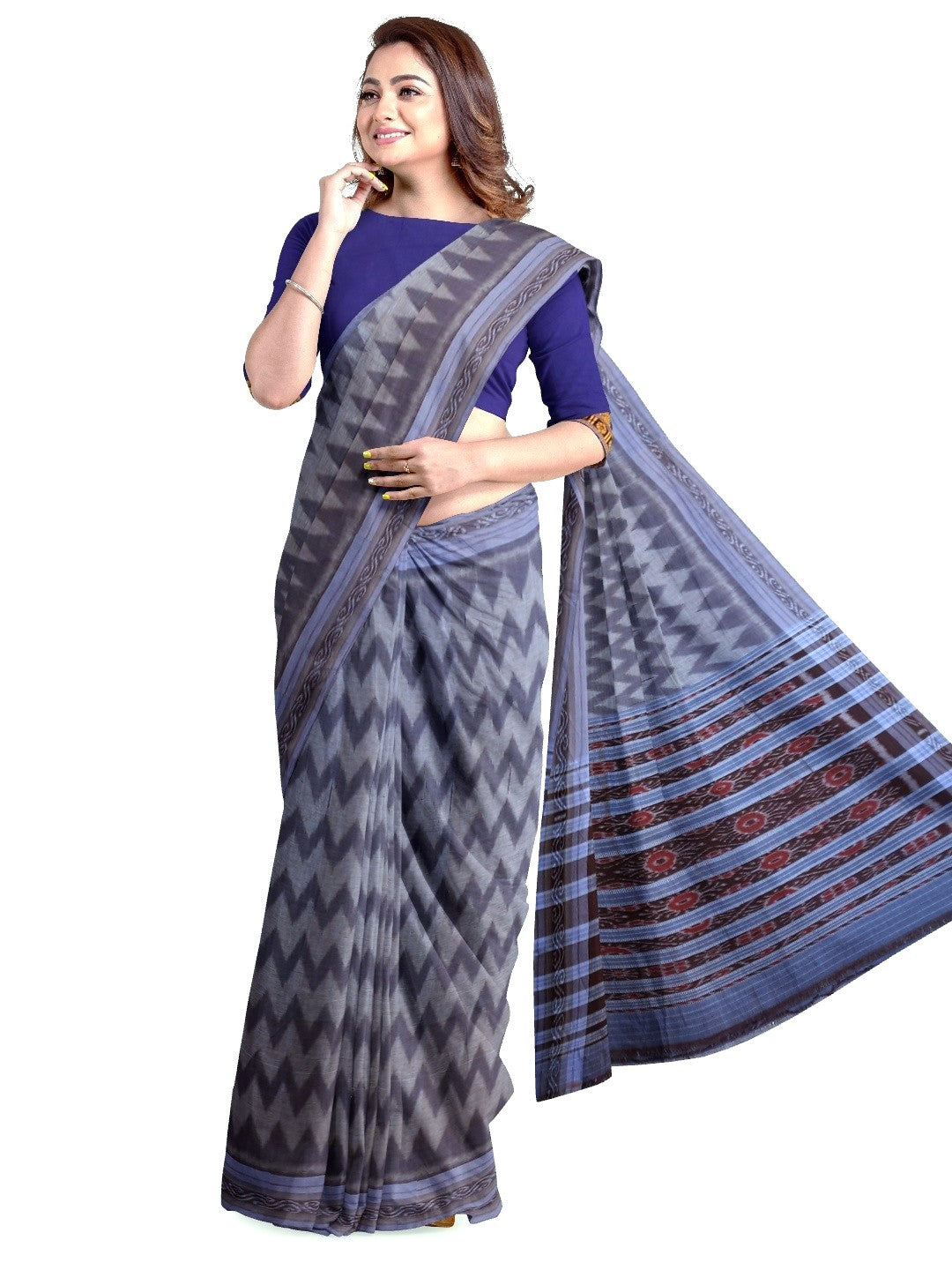 Grey Cotton Odisha Ikat saree with mix match blouse piece