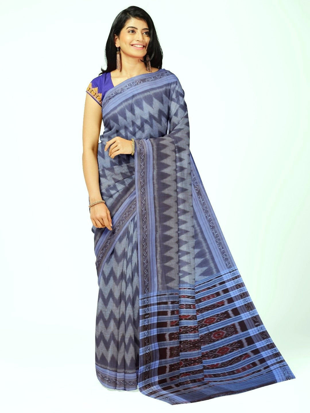 Grey Cotton Odisha Ikat saree with mix match blouse piece