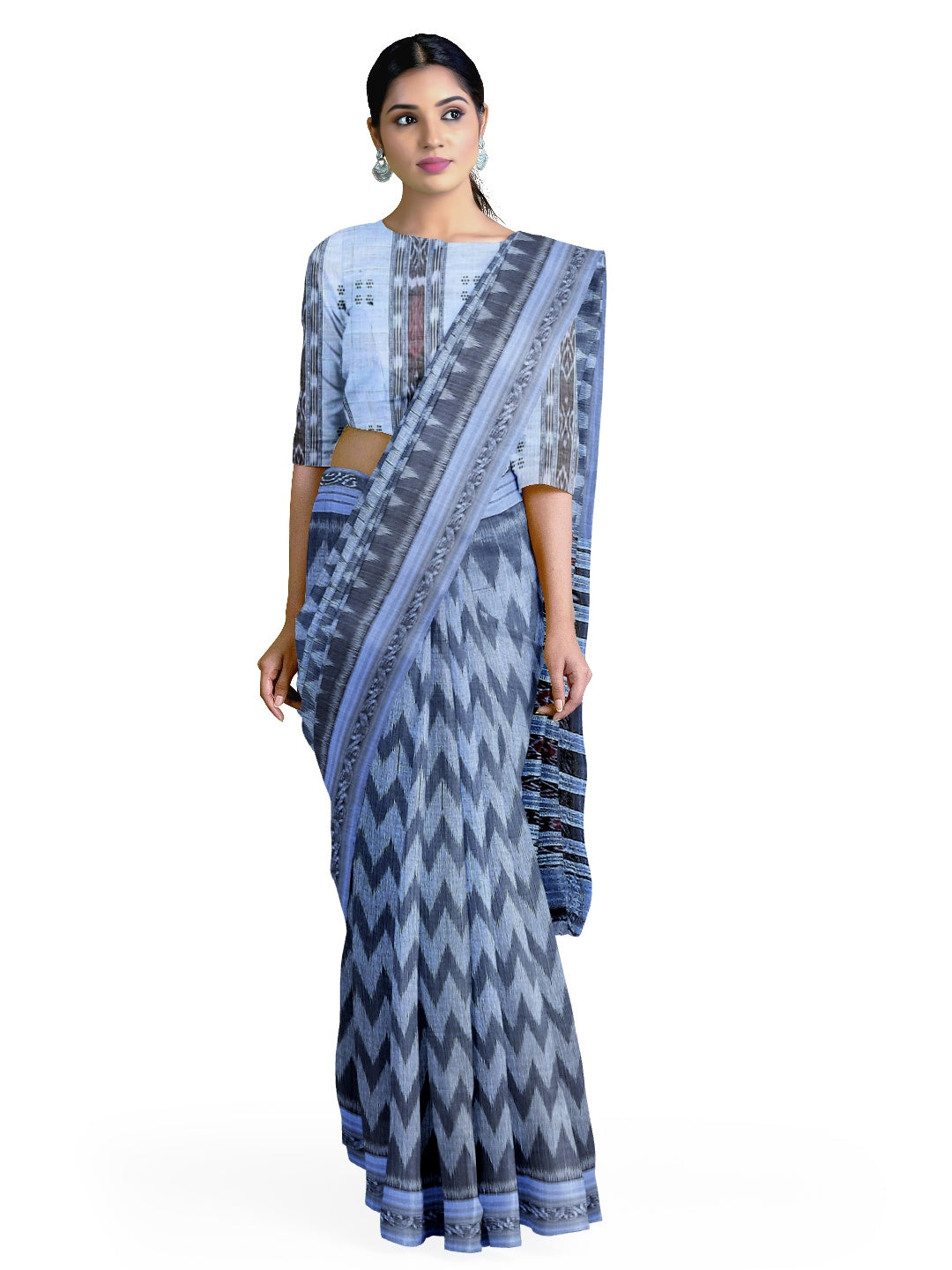 Grey Odisha Ikat saree  with cotton ikat blouse piece