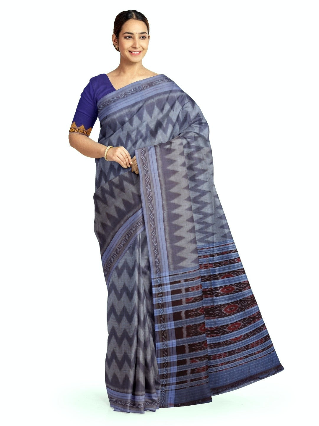 Grey Cotton Odisha Ikat saree with mix match blouse piece