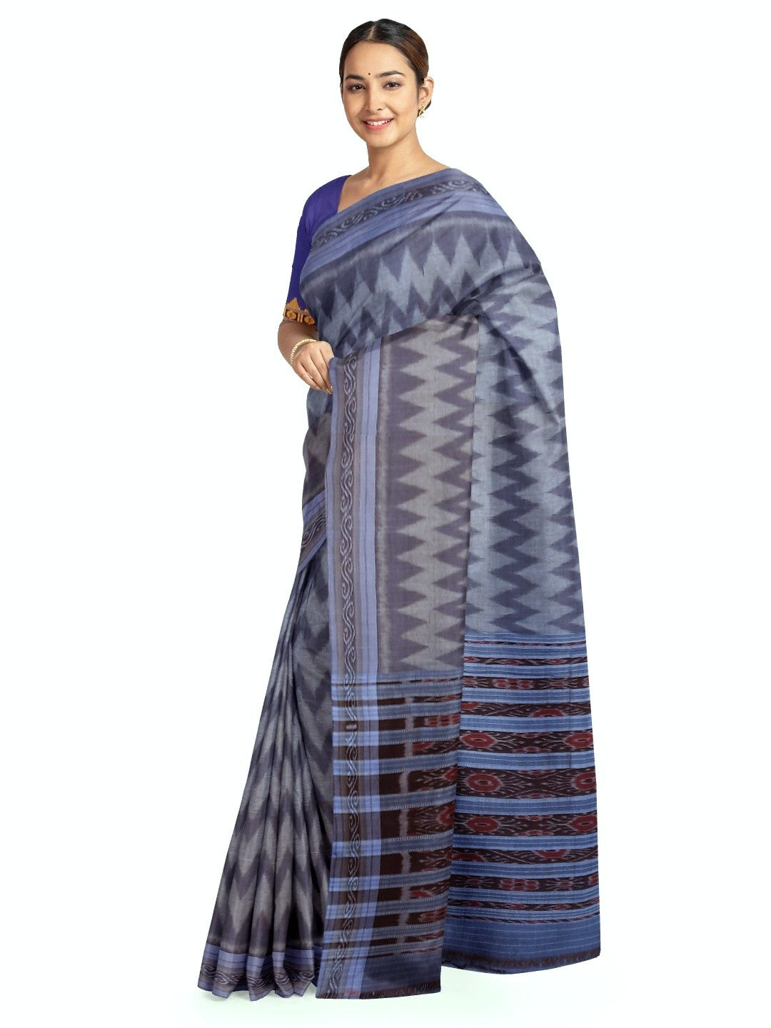 Grey Cotton Odisha Ikat saree with mix match blouse piece