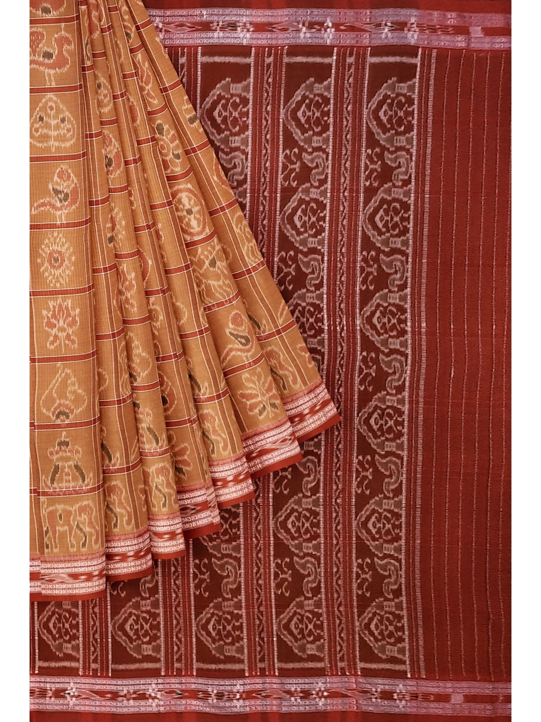 Rust Cotton Nabakothi Saree with mix match red Ikat blouse