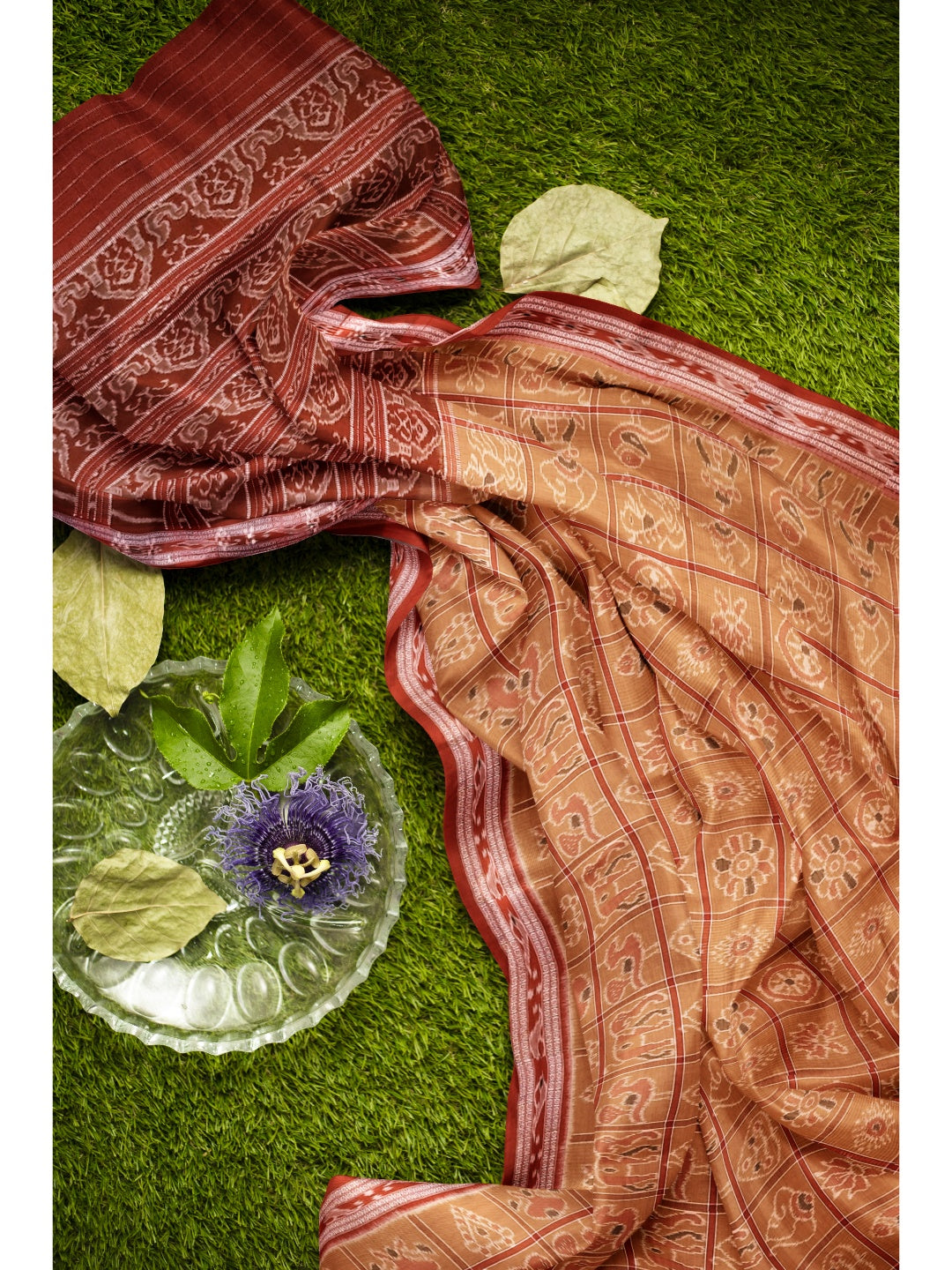 Rust Cotton Nabakothi Saree with mix match red Ikat blouse