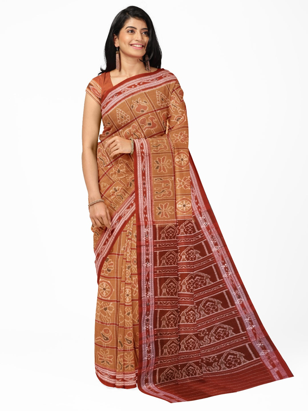 Rust Cotton Nabakothi Saree with mix match red Ikat blouse