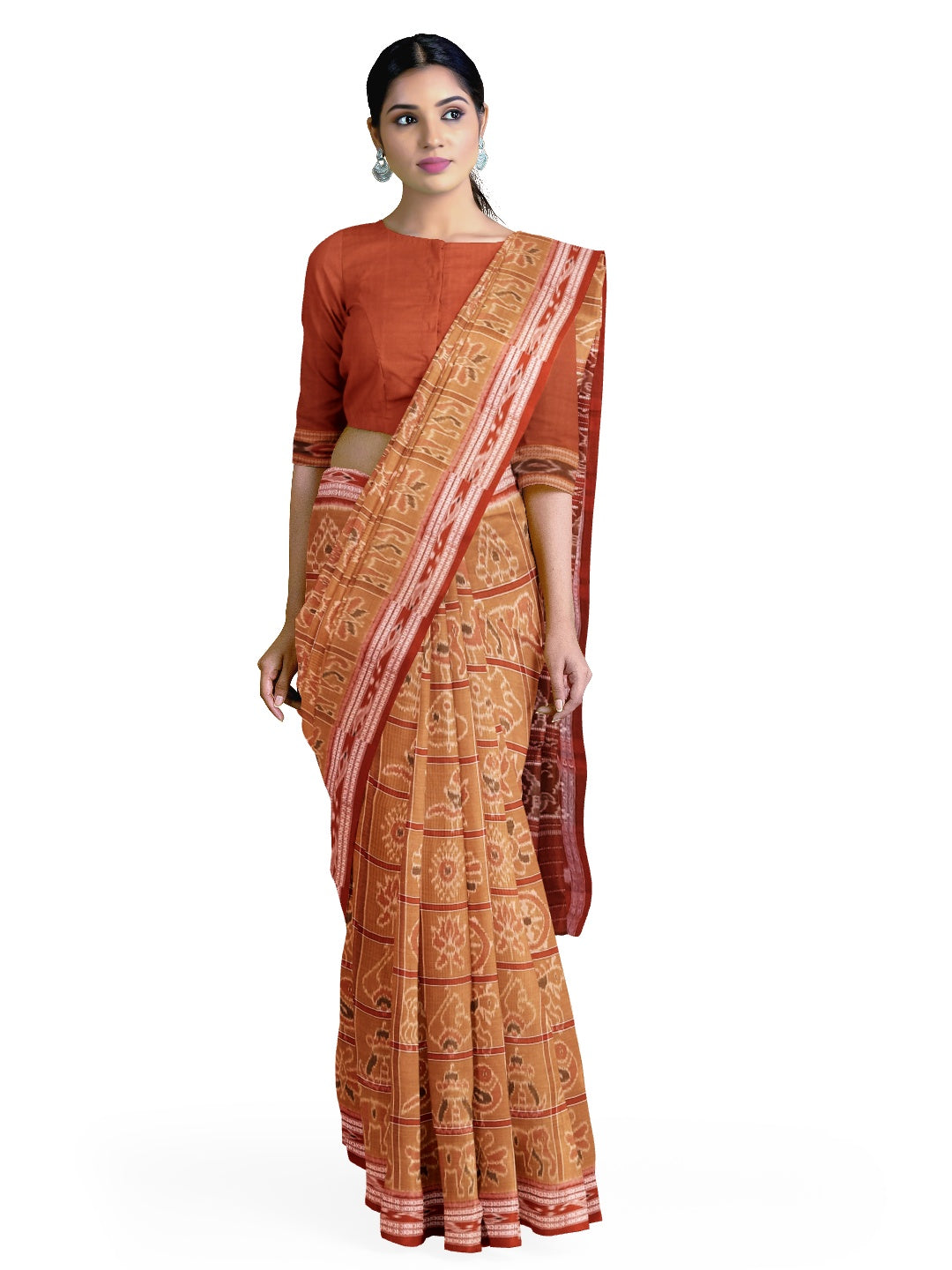 Rust Cotton Nabakothi Saree with mix match red Ikat blouse
