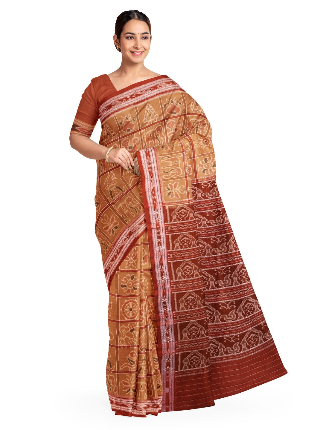 Rust Cotton Nabakothi Saree with mix match red Ikat blouse
