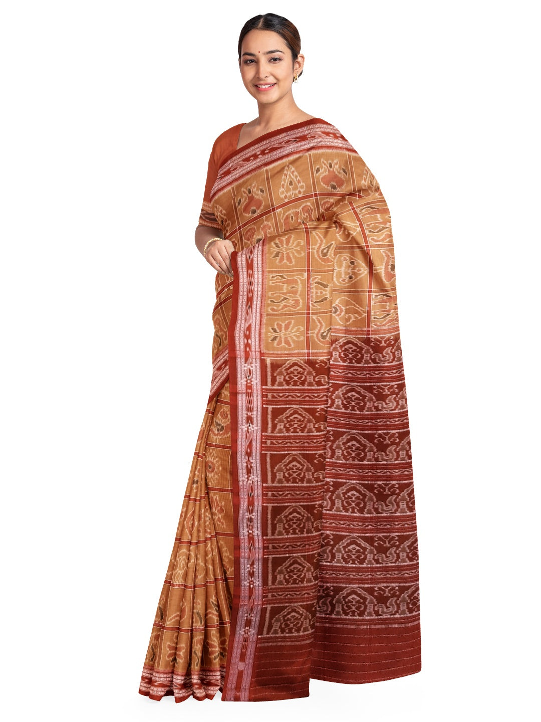 Rust Cotton Nabakothi Saree with mix match red Ikat blouse