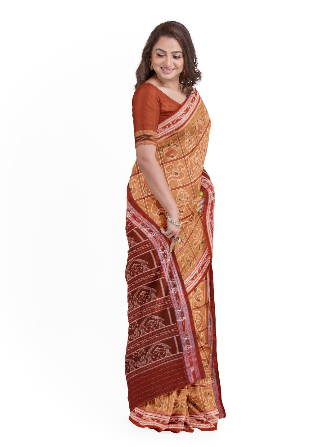 Rust Cotton Nabakothi Saree with mix match red Ikat blouse