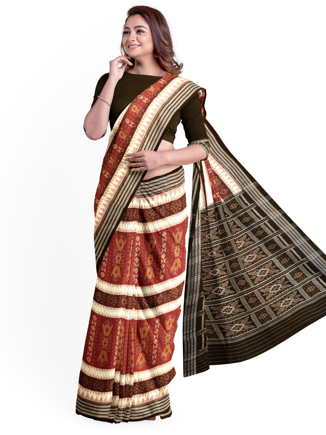 Beige with Multi colour Cotton Odisha Ikat saree  with cotton ikat blouse piece