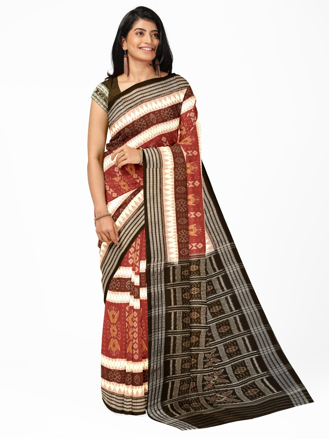 Beige with Multi colour Cotton Odisha Ikat saree  with cotton ikat blouse piece