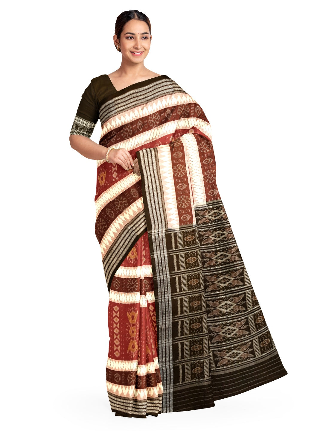 Beige with Multi colour Cotton Odisha Ikat saree  with cotton ikat blouse piece