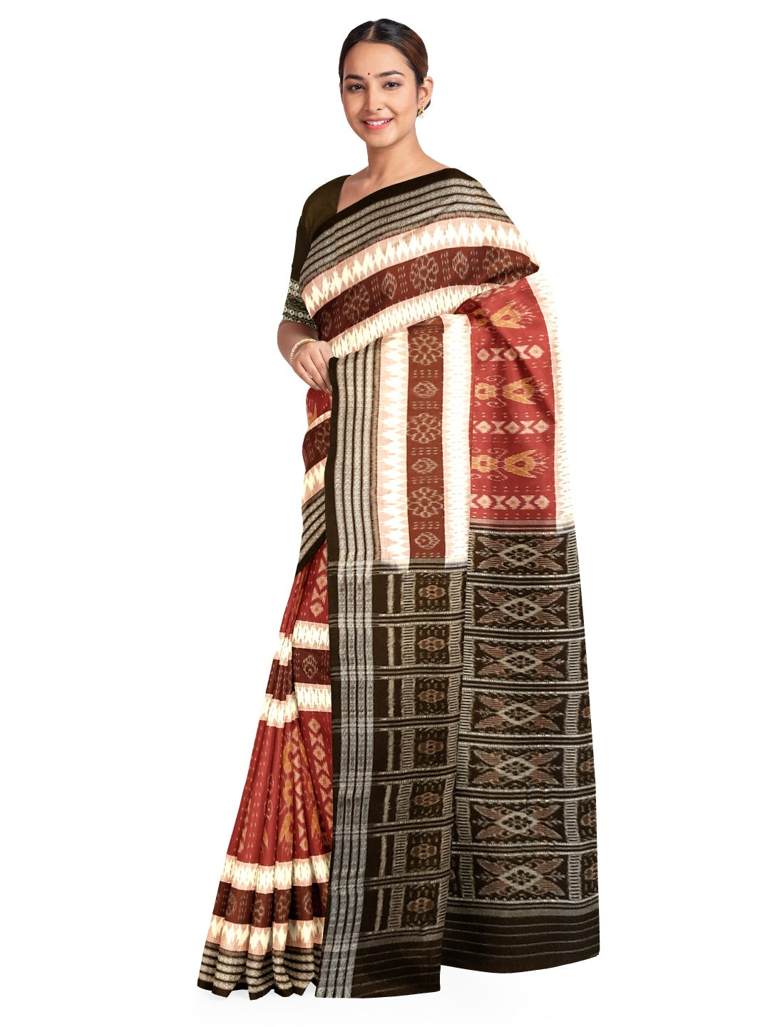 Beige with Multi colour Cotton Odisha Ikat saree  with cotton ikat blouse piece