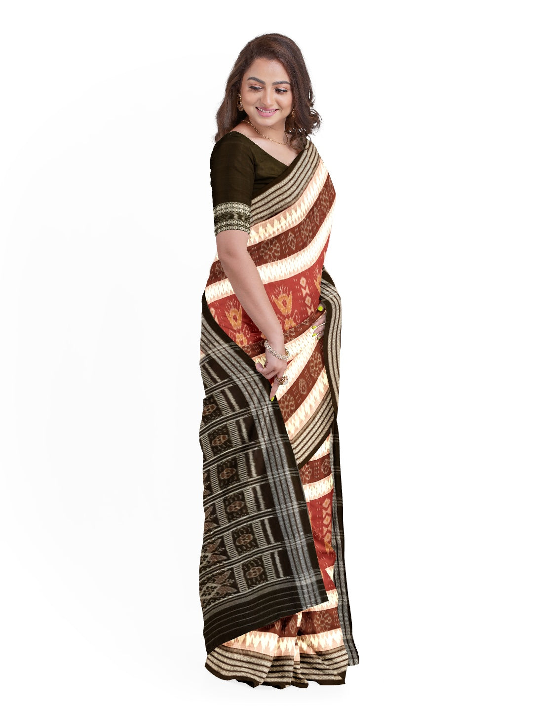 Beige with Multi colour Cotton Odisha Ikat saree  with cotton ikat blouse piece