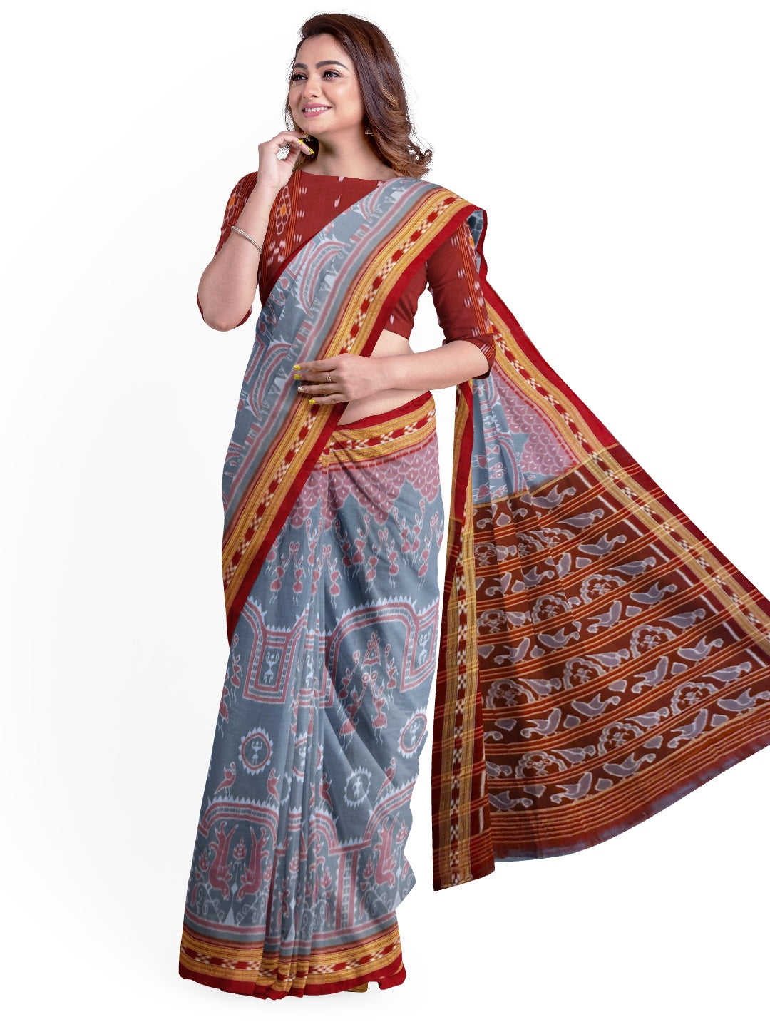 Grey  Odisha Ikat saree  with cotton ikat blouse piece