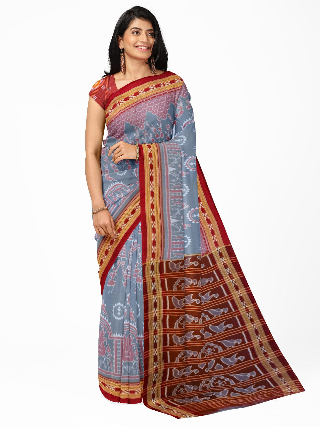Grey  Odisha Ikat saree  with cotton ikat blouse piece