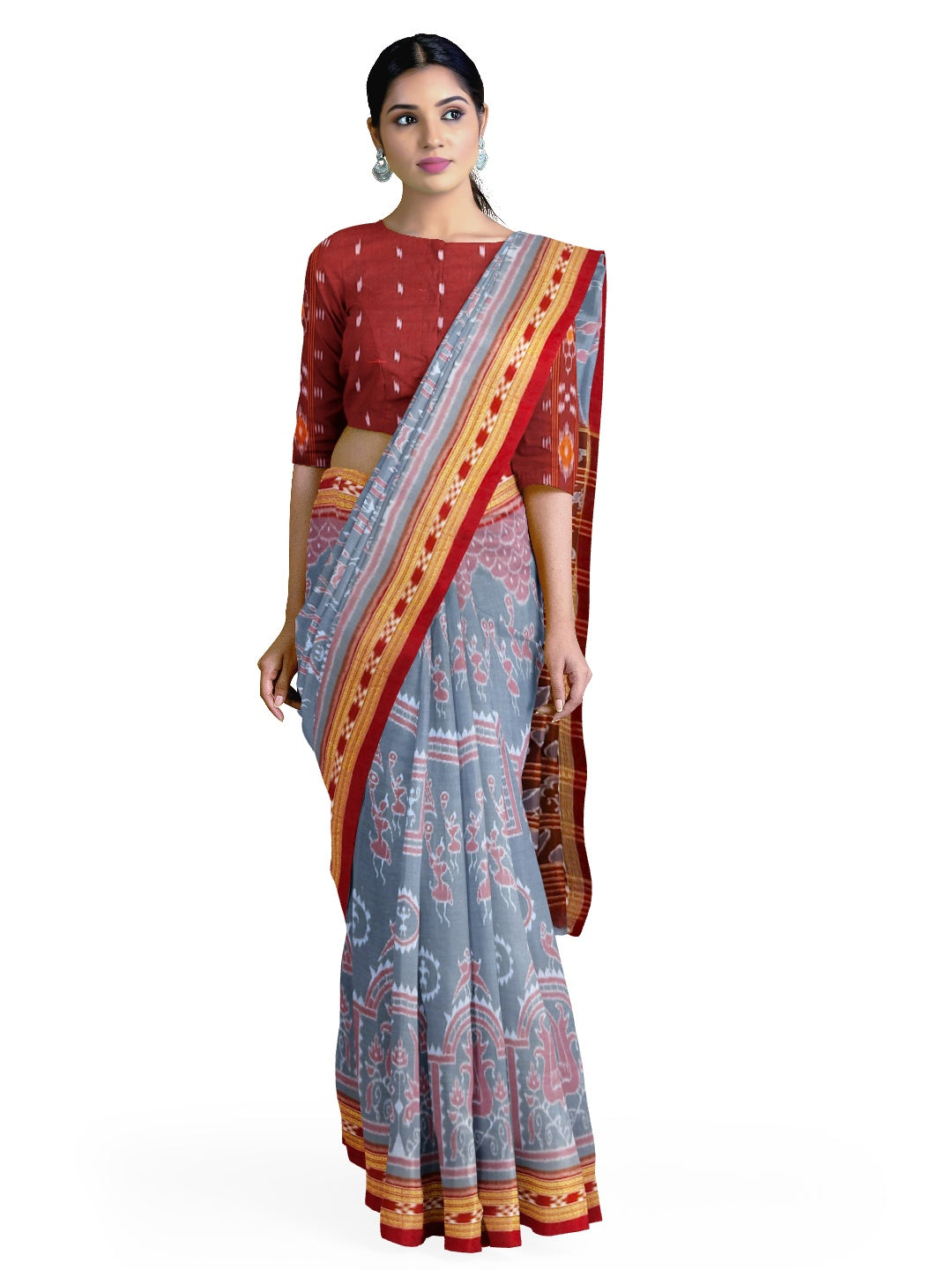 Grey  Odisha Ikat saree  with cotton ikat blouse piece