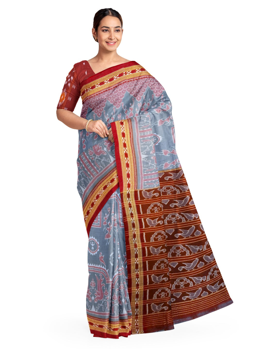 Grey  Odisha Ikat saree  with cotton ikat blouse piece