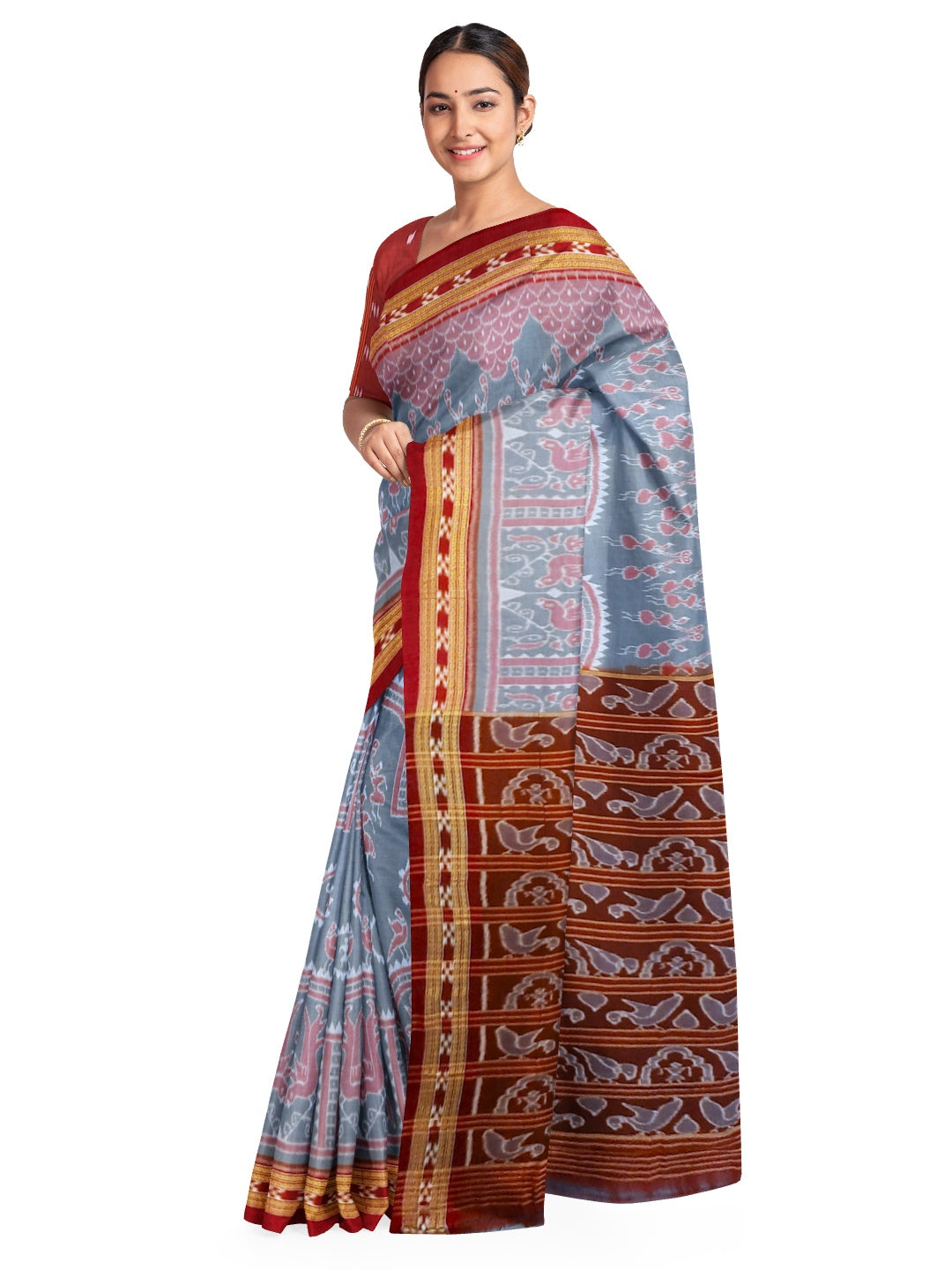 Grey  Odisha Ikat saree  with cotton ikat blouse piece