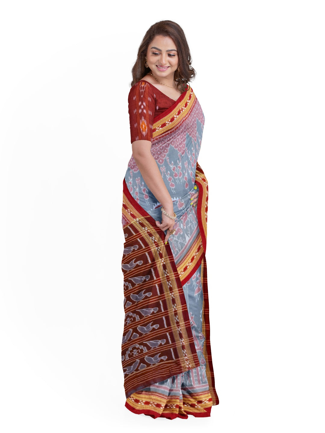 Grey  Odisha Ikat saree  with cotton ikat blouse piece