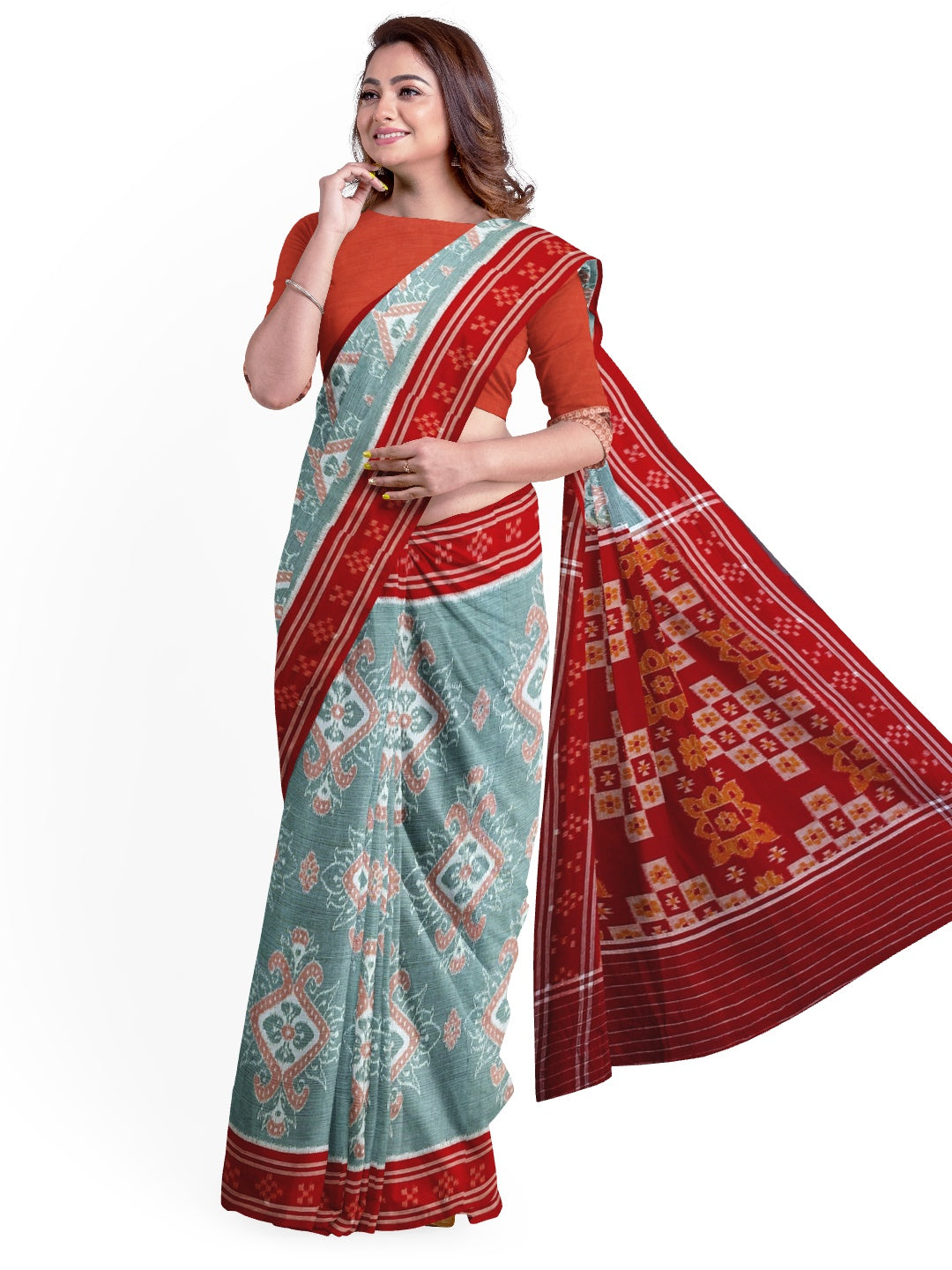 Green and Red Odisha Ikat saree  with cotton ikat blouse piece