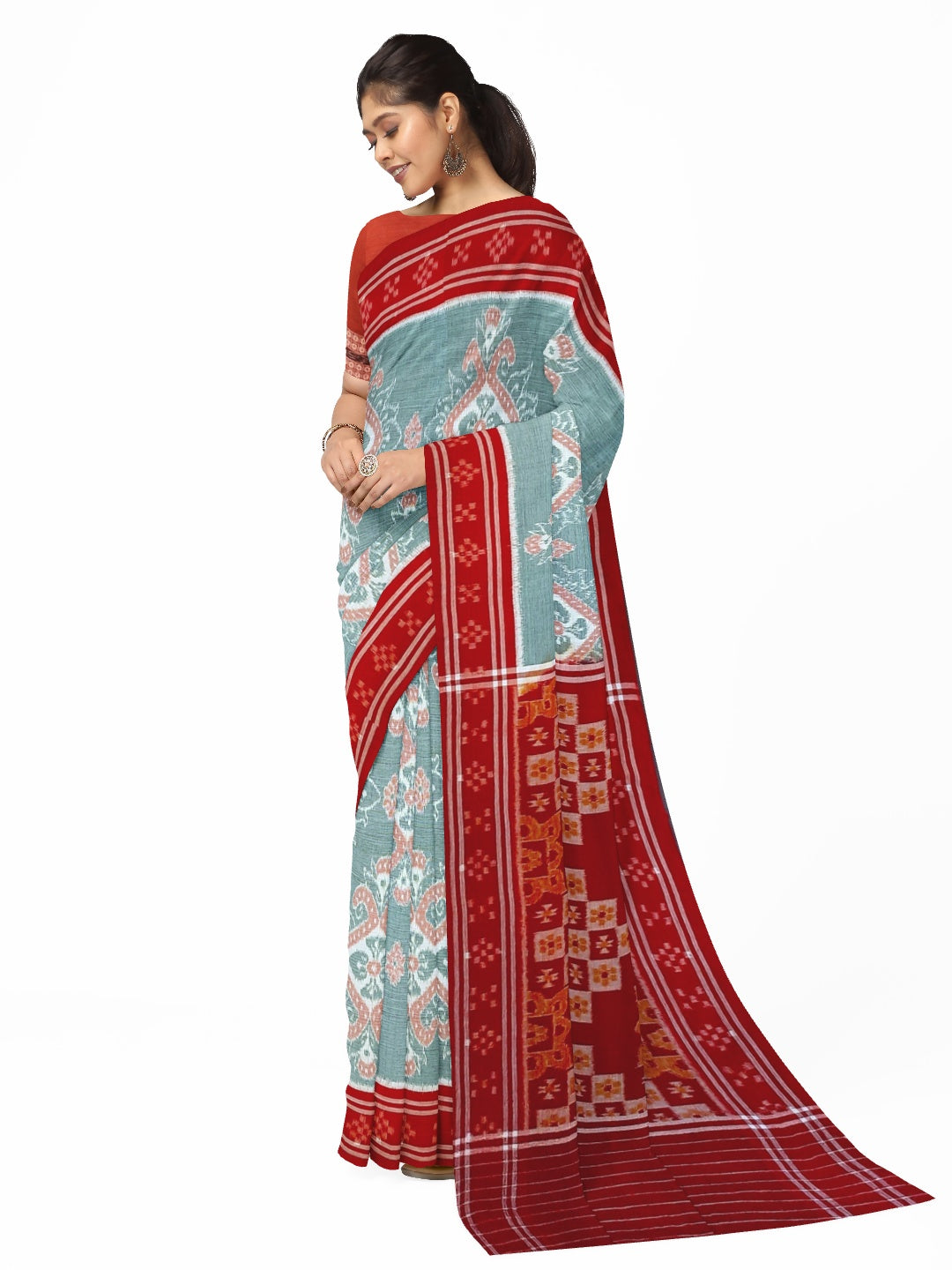 Green and Red Odisha Ikat saree  with cotton ikat blouse piece