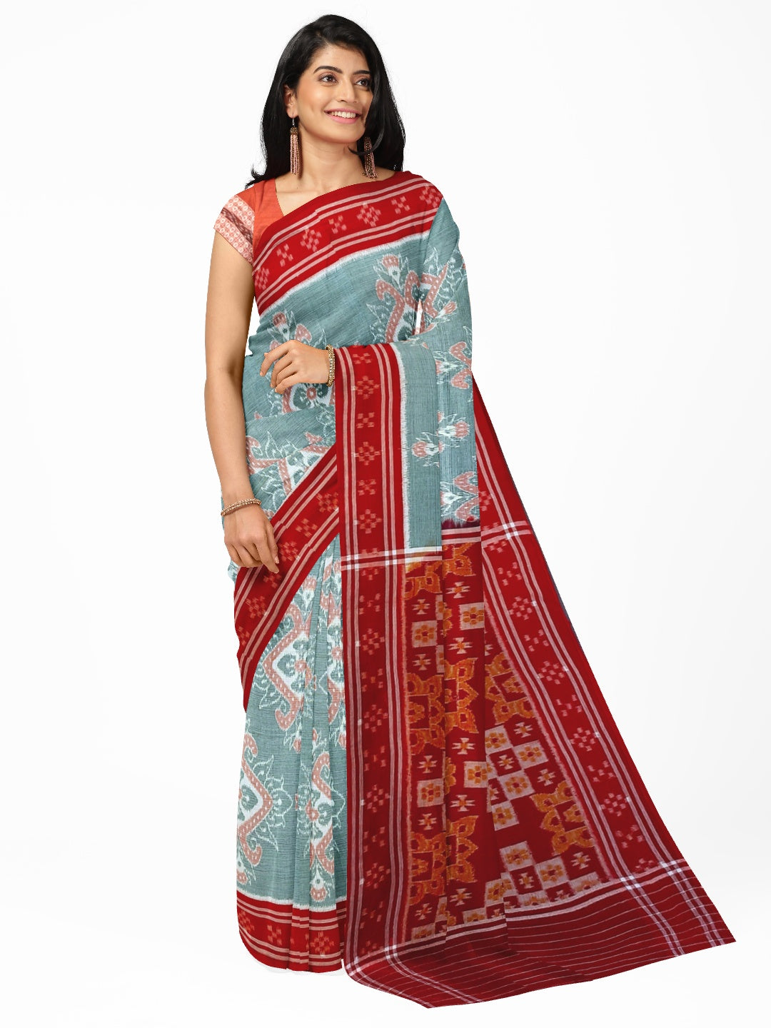 Green and Red Odisha Ikat saree  with cotton ikat blouse piece