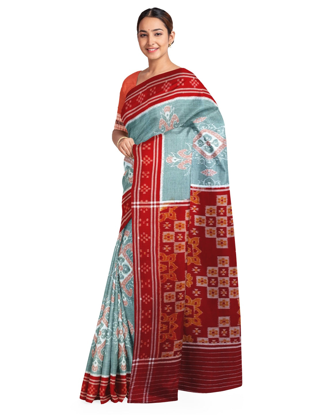 Green and Red Odisha Ikat saree  with cotton ikat blouse piece