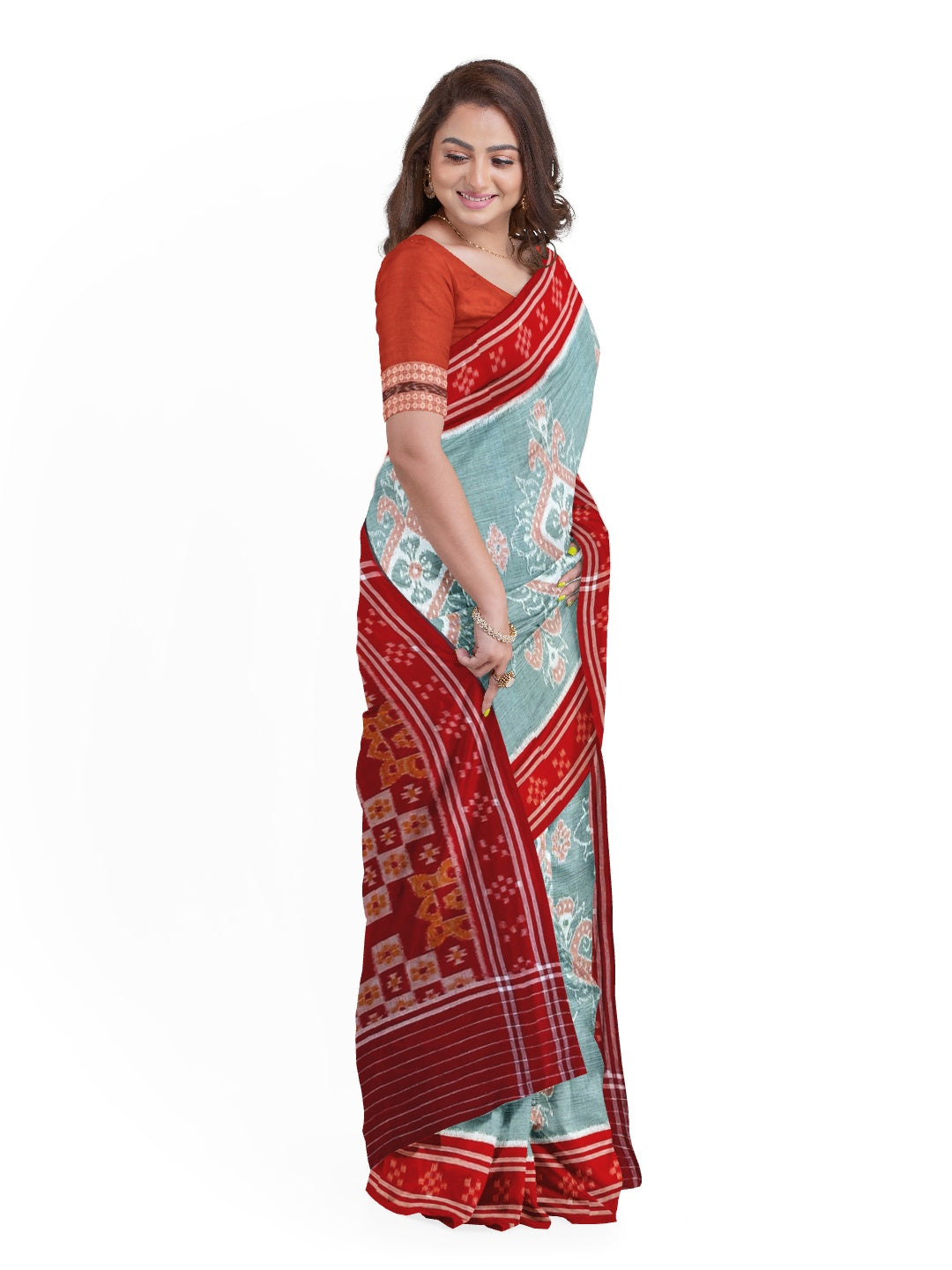 Green and Red Odisha Ikat saree  with cotton ikat blouse piece