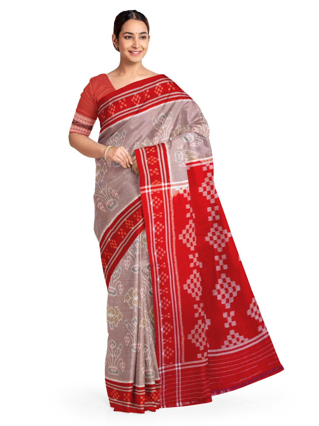 Rosy brown Odisha Ikat saree  with cotton ikat blouse piece