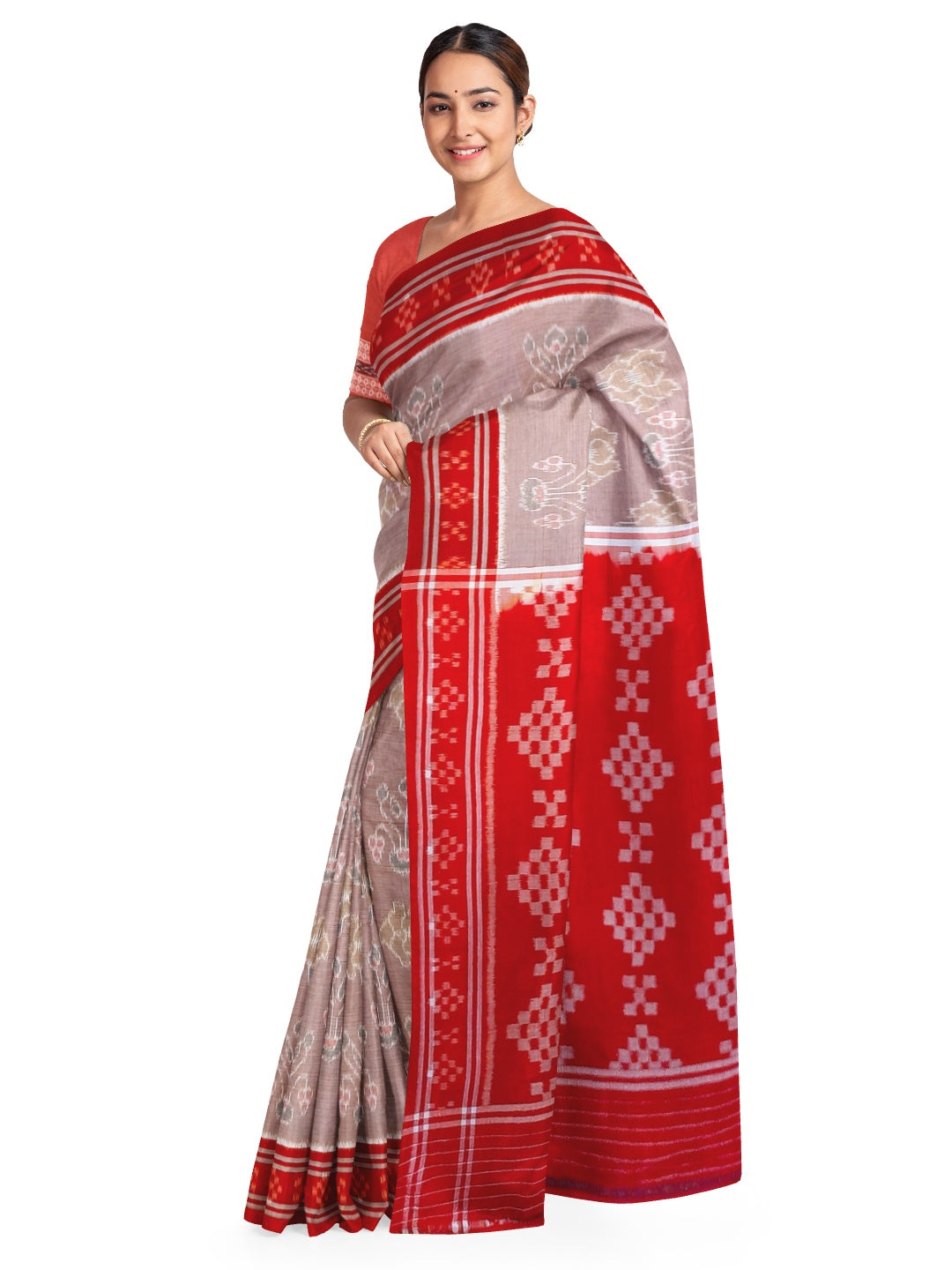 Rosy brown Odisha Ikat saree  with cotton ikat blouse piece