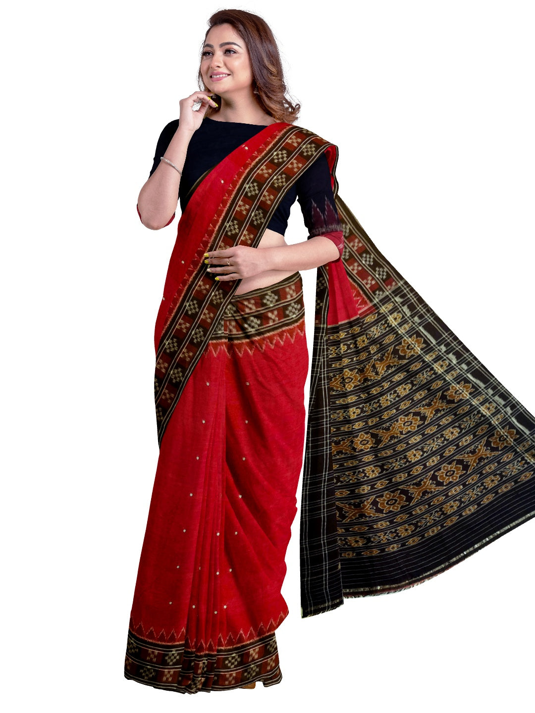 Red double border Pasapalli pattern Odisha Ikat saree with cotton ikat blouse piece