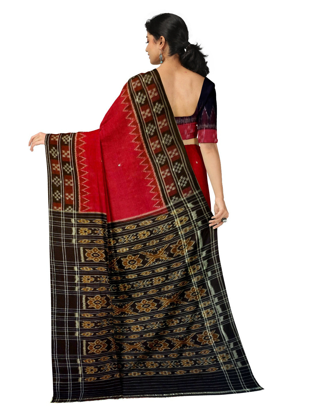 Red double border Pasapalli pattern Odisha Ikat saree with cotton ikat blouse piece