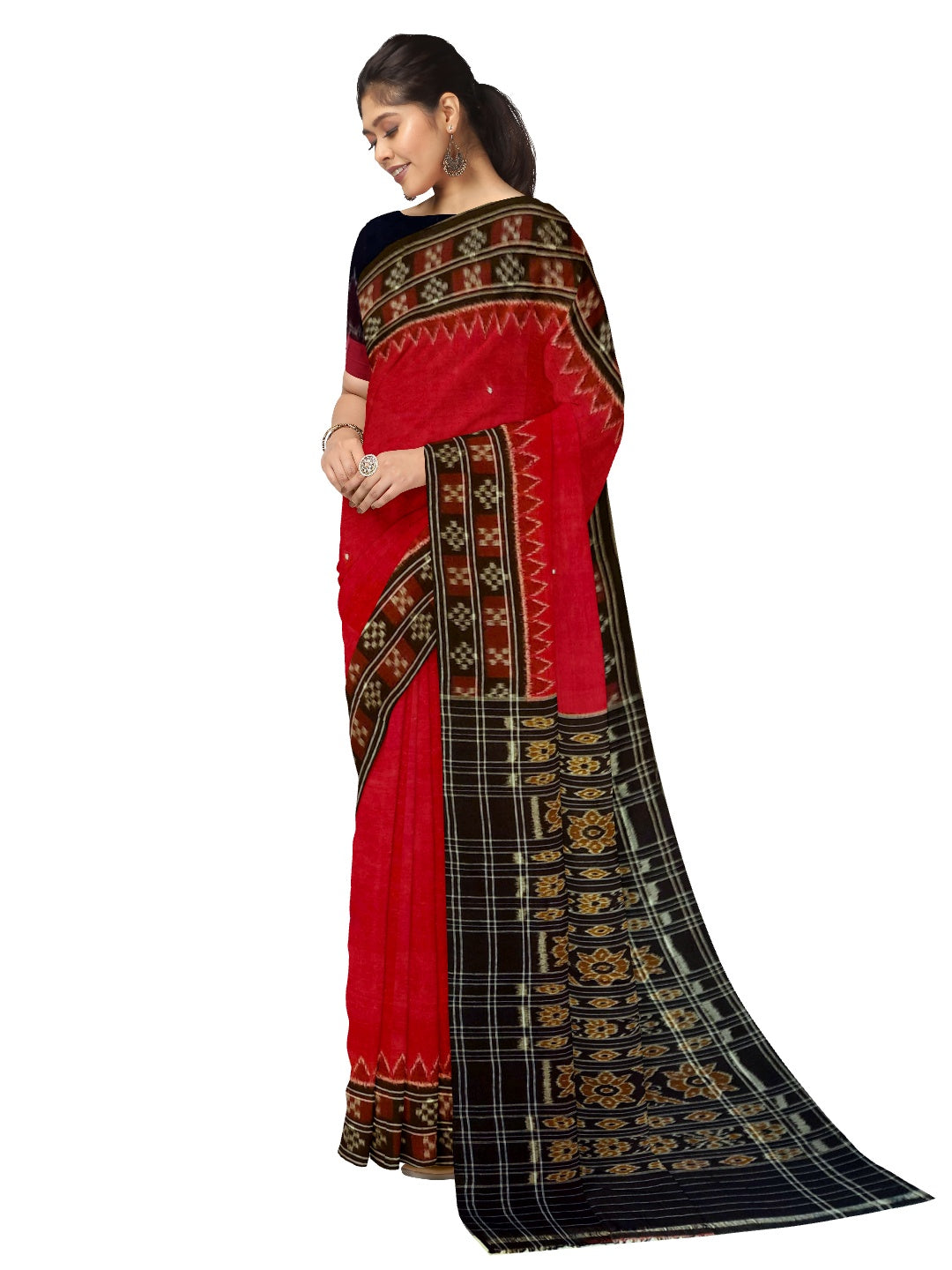 Red double border Pasapalli pattern Odisha Ikat saree with cotton ikat blouse piece