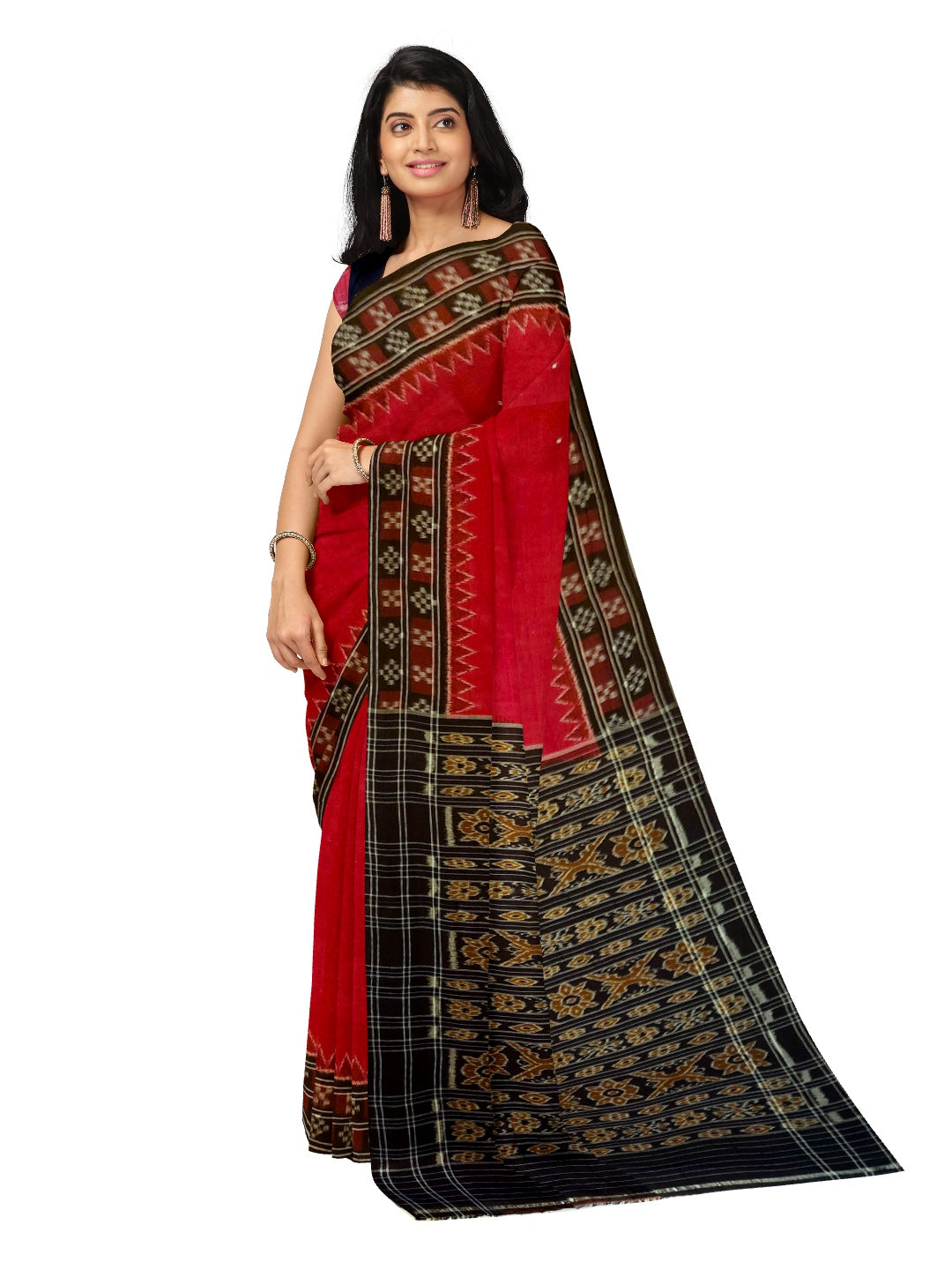 Red double border Pasapalli pattern Odisha Ikat saree with cotton ikat blouse piece