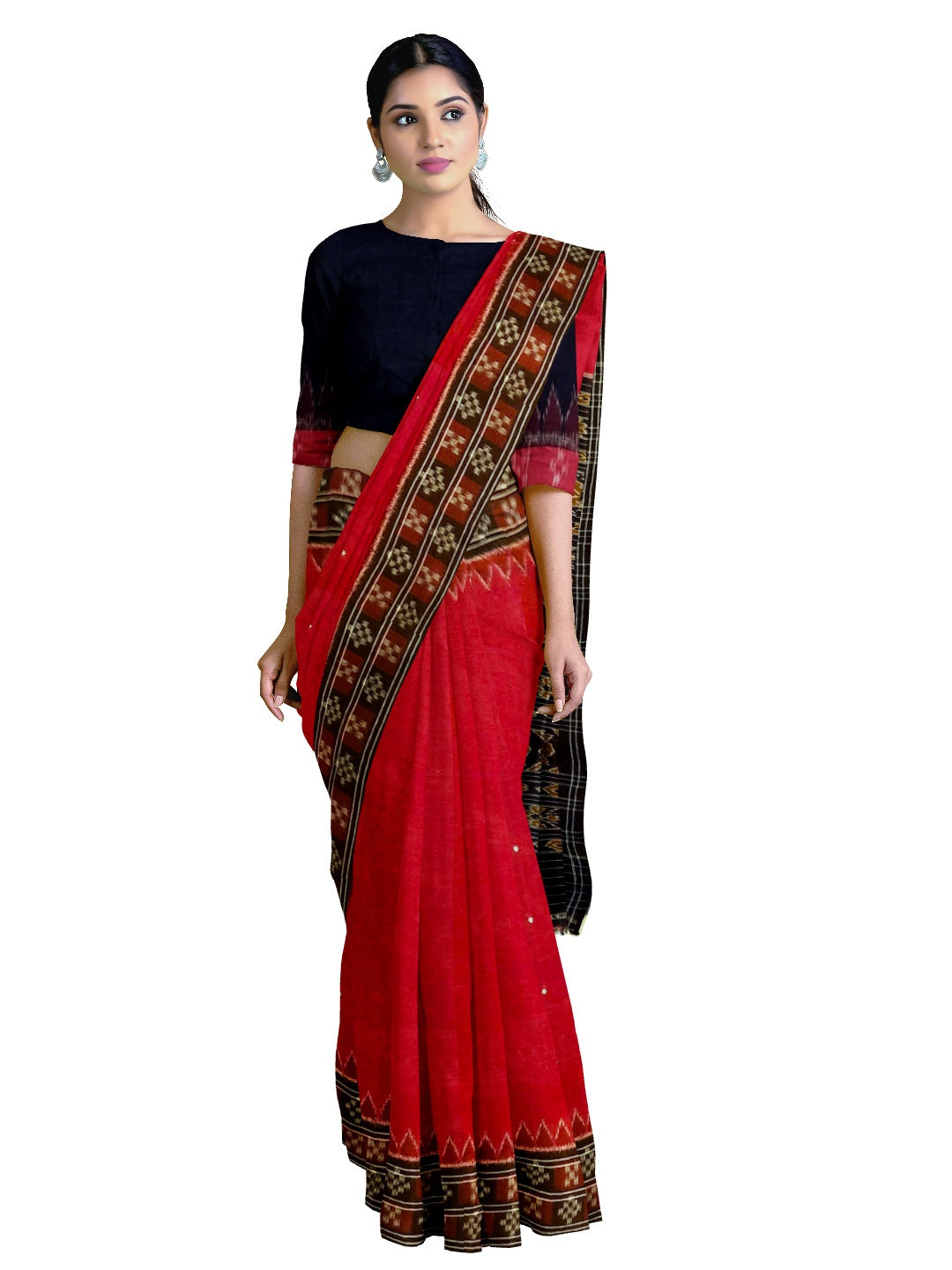 Red double border Pasapalli pattern Odisha Ikat saree with cotton ikat blouse piece