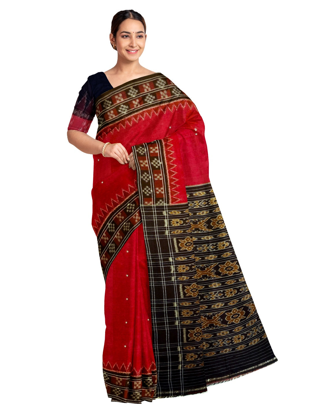 Red double border Pasapalli pattern Odisha Ikat saree with cotton ikat blouse piece