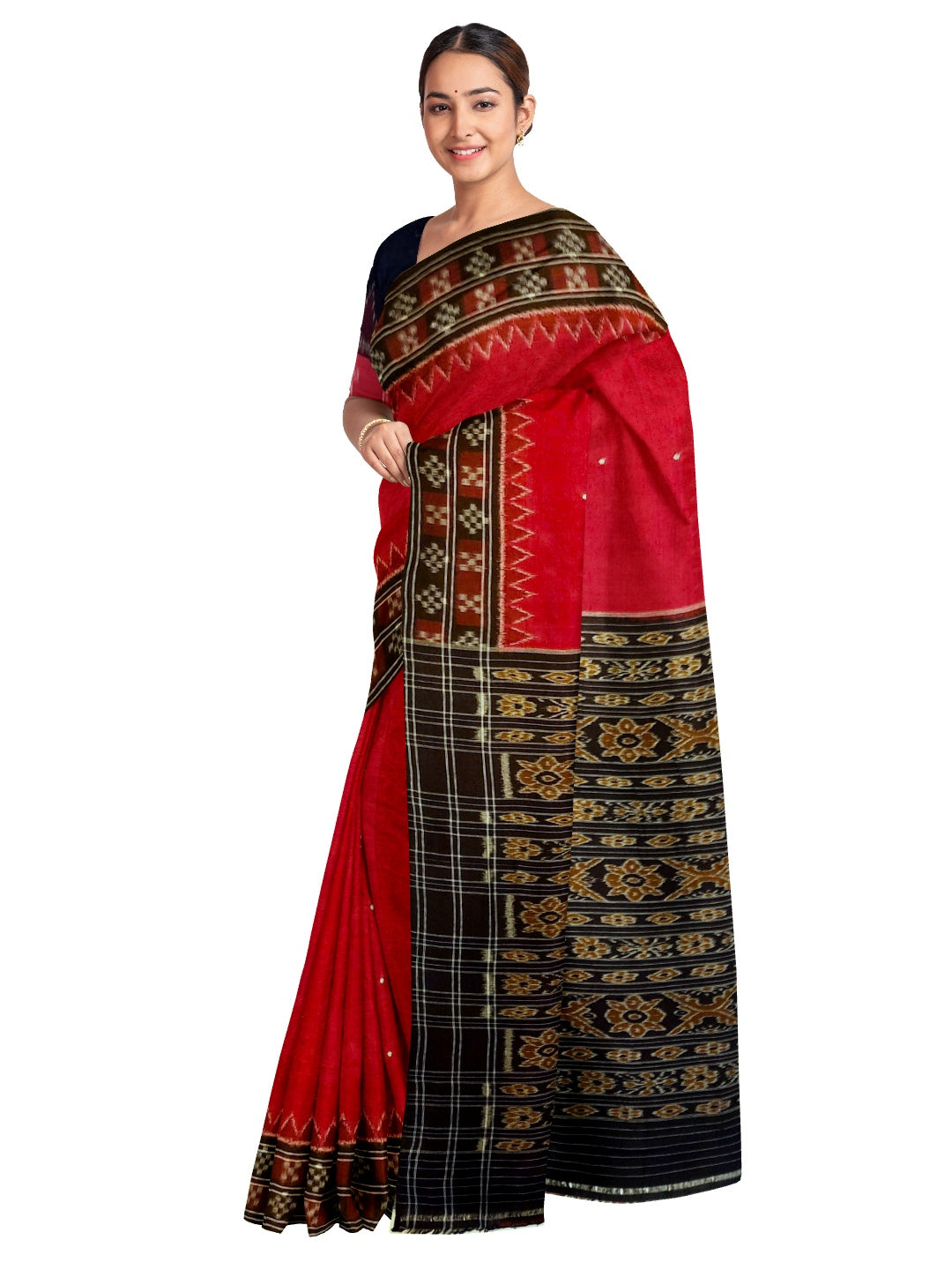 Red double border Pasapalli pattern Odisha Ikat saree with cotton ikat blouse piece