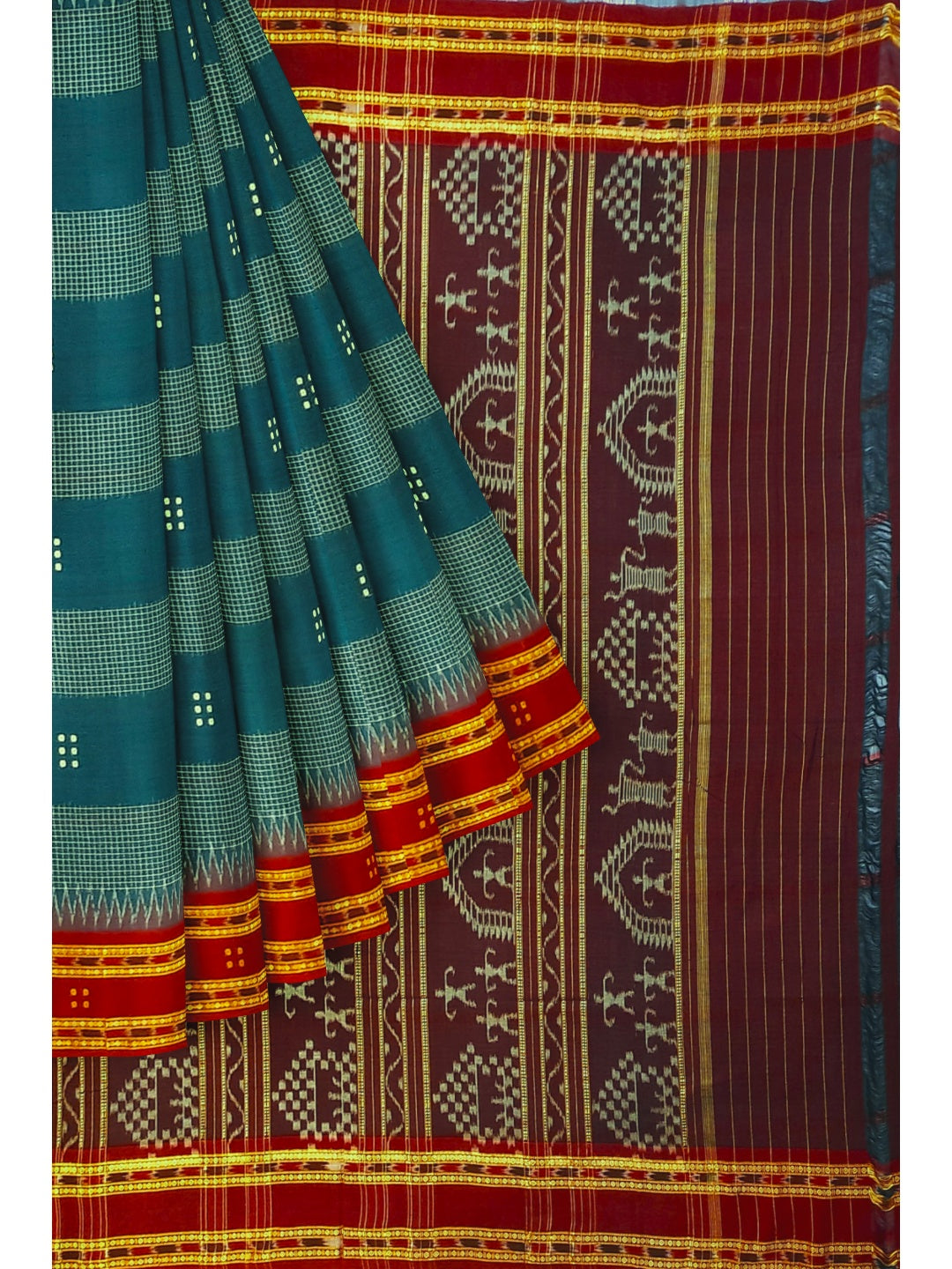 Blue with Maroon buti Cotton Odisha Ikat saree with mix match cotton ikat blouse