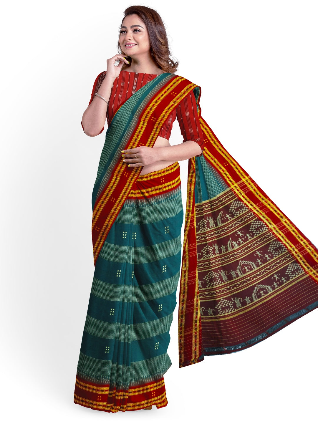 Blue with Maroon buti Cotton Odisha Ikat saree with mix match cotton ikat blouse