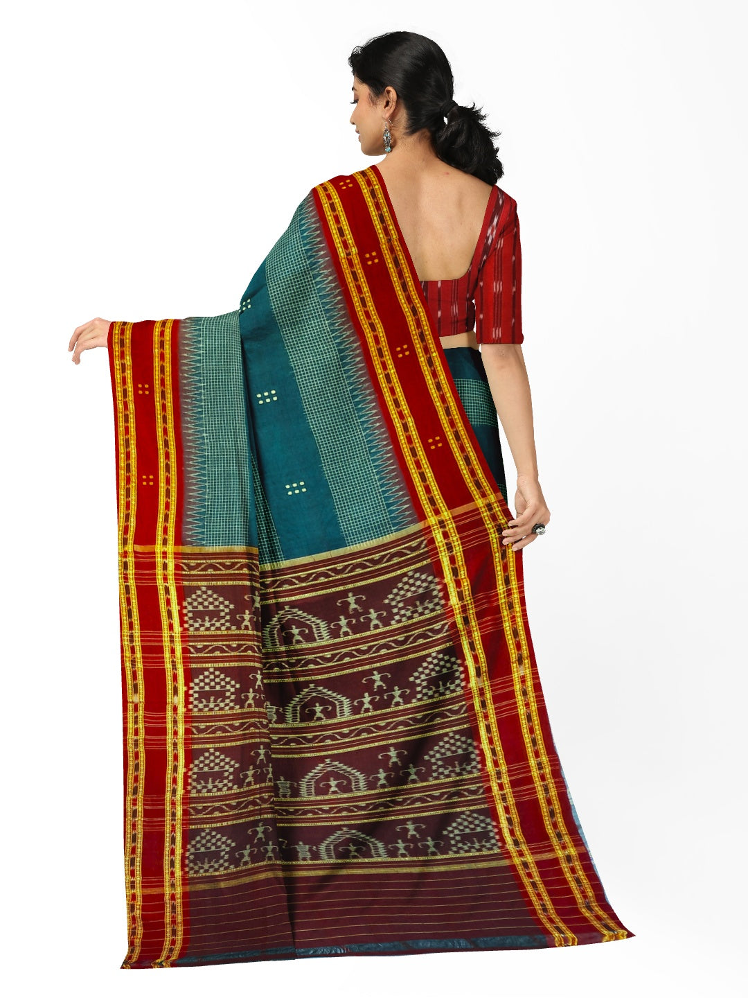 Blue with Maroon buti Cotton Odisha Ikat saree with mix match cotton ikat blouse