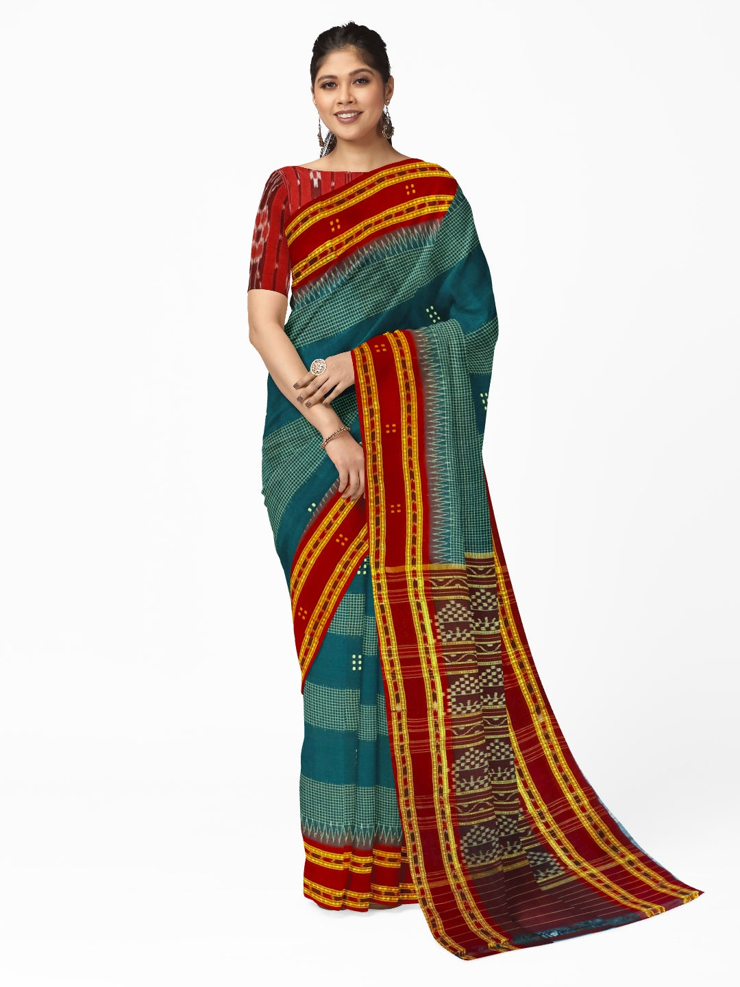 Blue with Maroon buti Cotton Odisha Ikat saree with mix match cotton ikat blouse