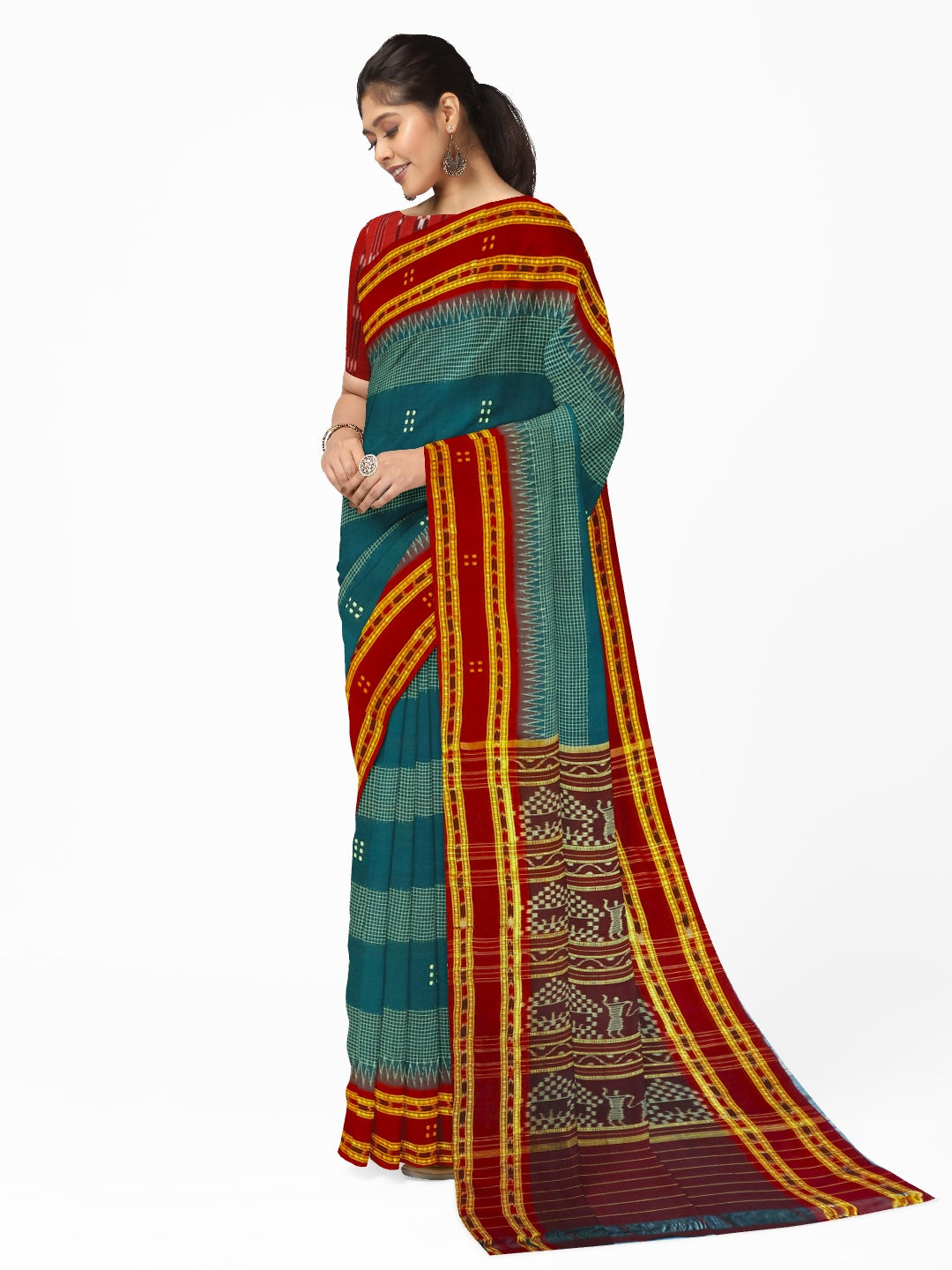 Blue with Maroon buti Cotton Odisha Ikat saree with mix match cotton ikat blouse