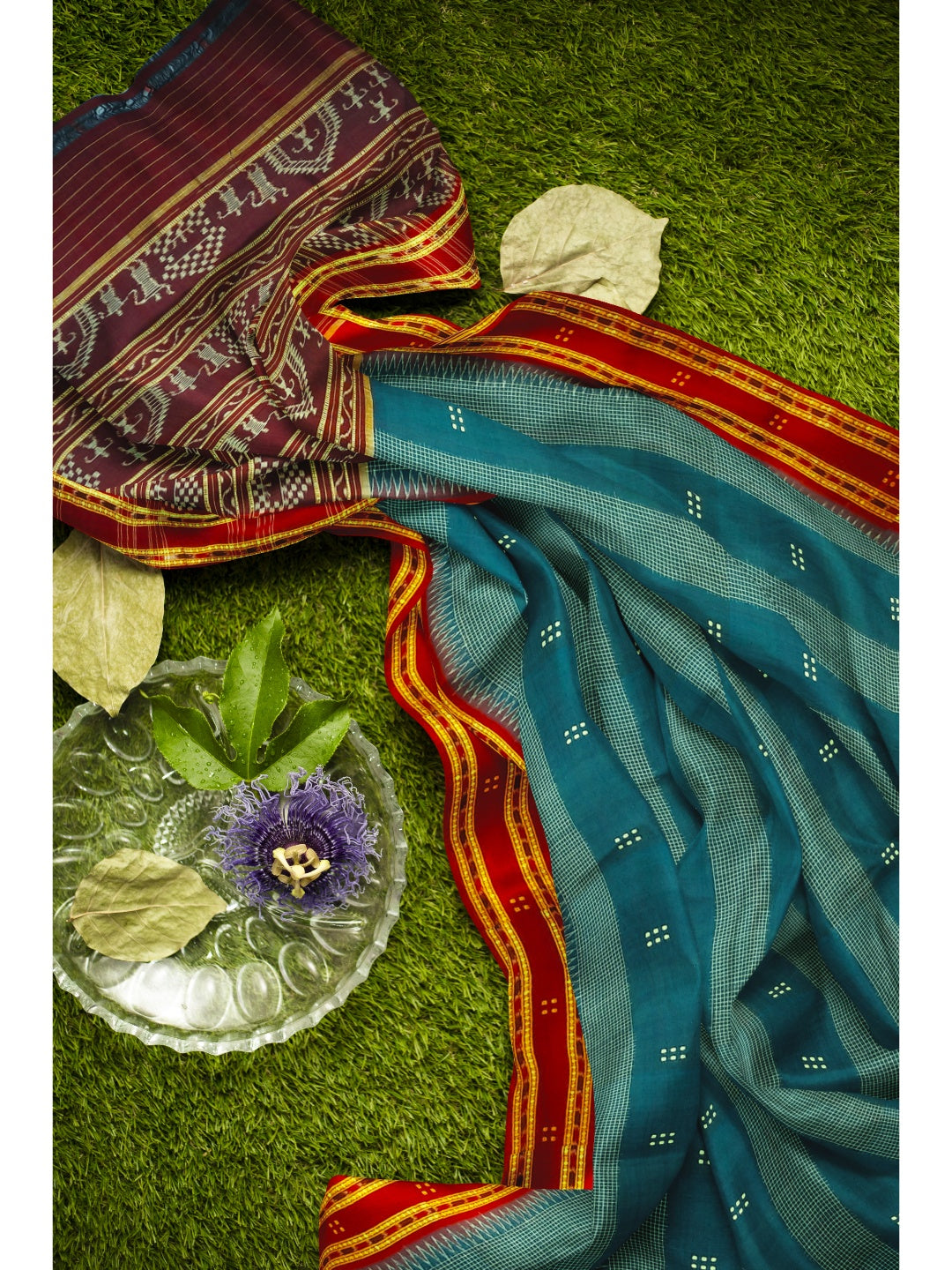 Blue with Maroon buti Cotton Odisha Ikat saree with mix match cotton ikat blouse