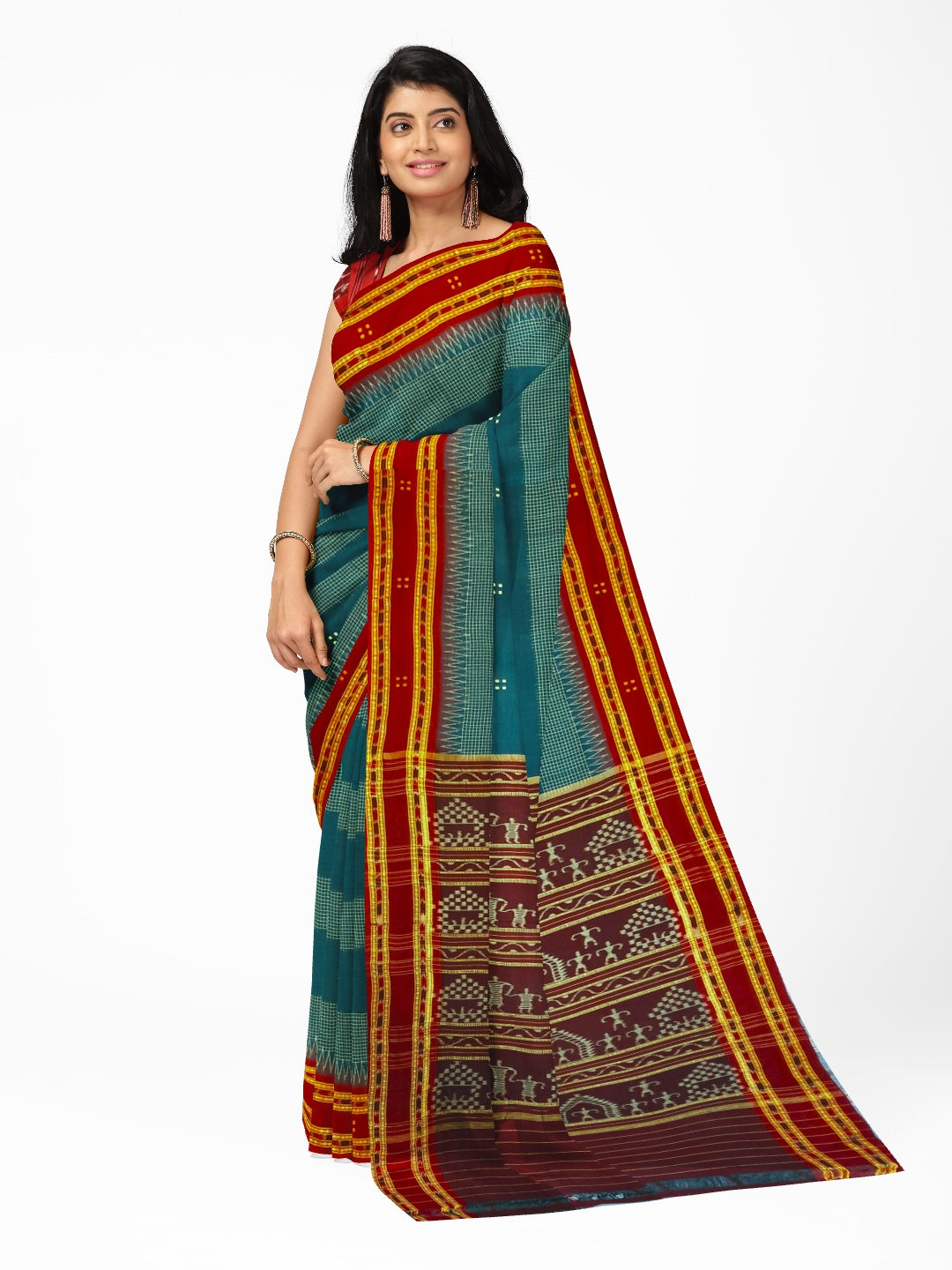Blue with Maroon buti Cotton Odisha Ikat saree with mix match cotton ikat blouse