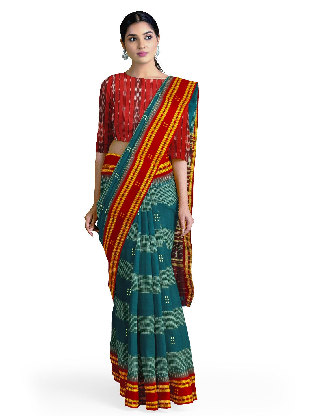 Blue with Maroon buti Cotton Odisha Ikat saree with mix match cotton ikat blouse