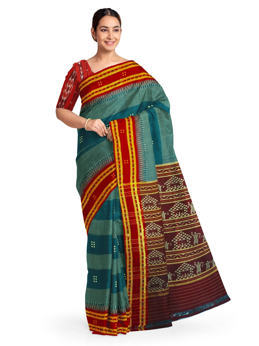 Blue with Maroon buti Cotton Odisha Ikat saree with mix match cotton ikat blouse