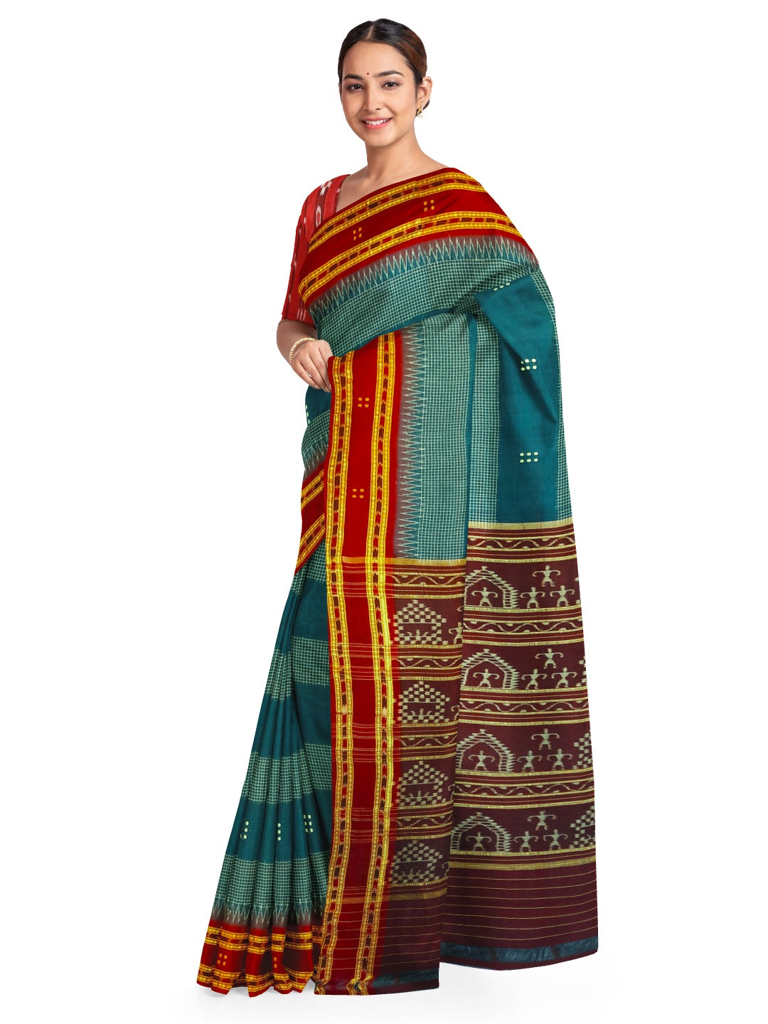 Blue with Maroon buti Cotton Odisha Ikat saree with mix match cotton ikat blouse