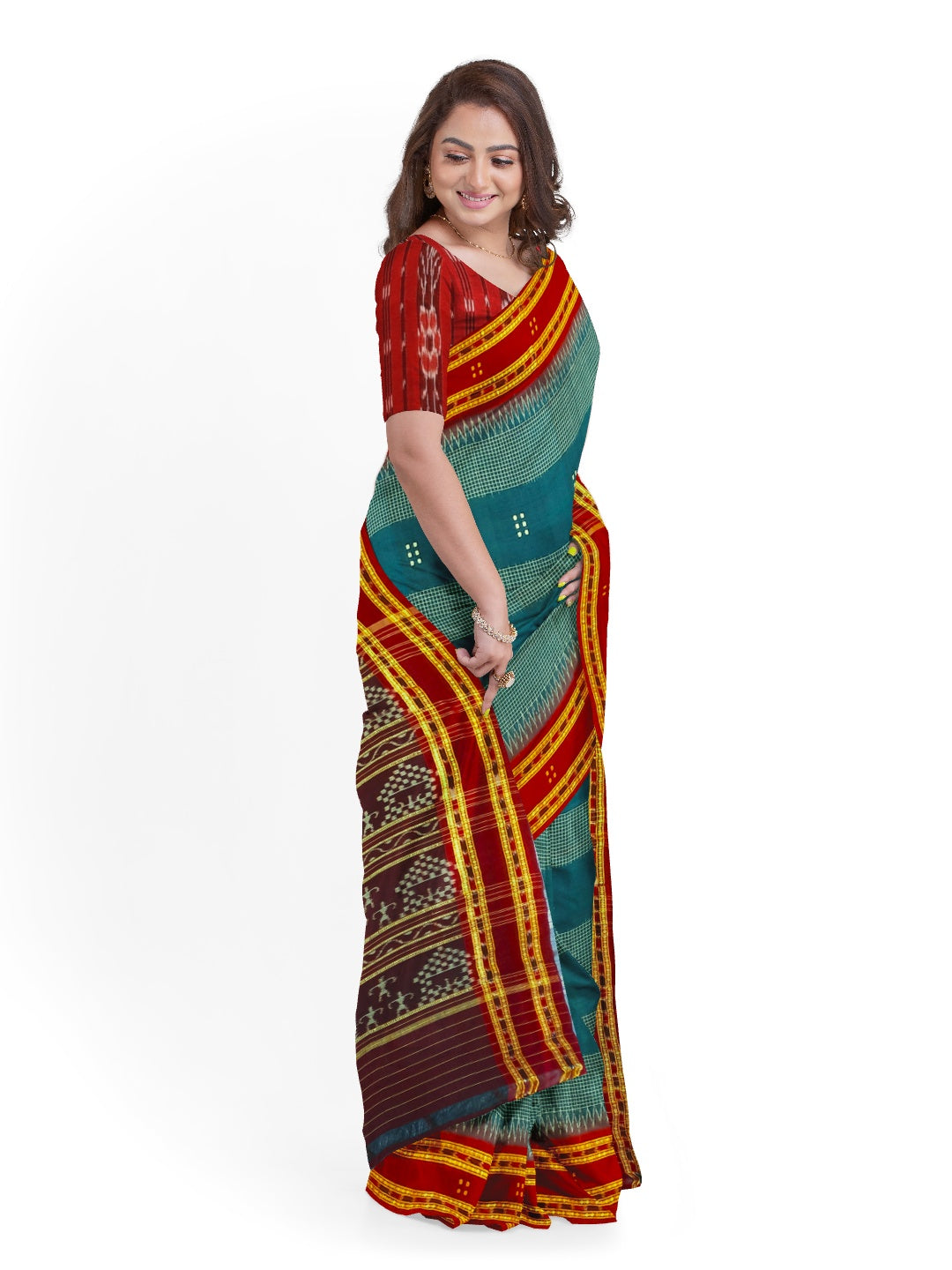 Blue with Maroon buti Cotton Odisha Ikat saree with mix match cotton ikat blouse