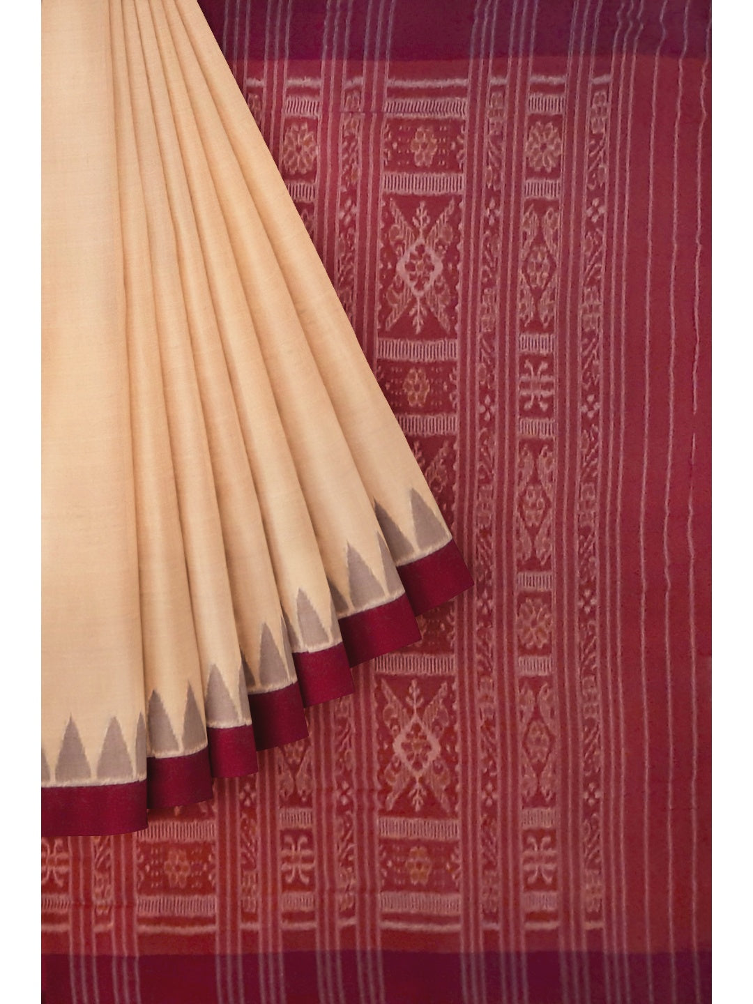 Beige with Maroon Cotton Odisha Ikat saree with mix match cotton ikat blouse piece