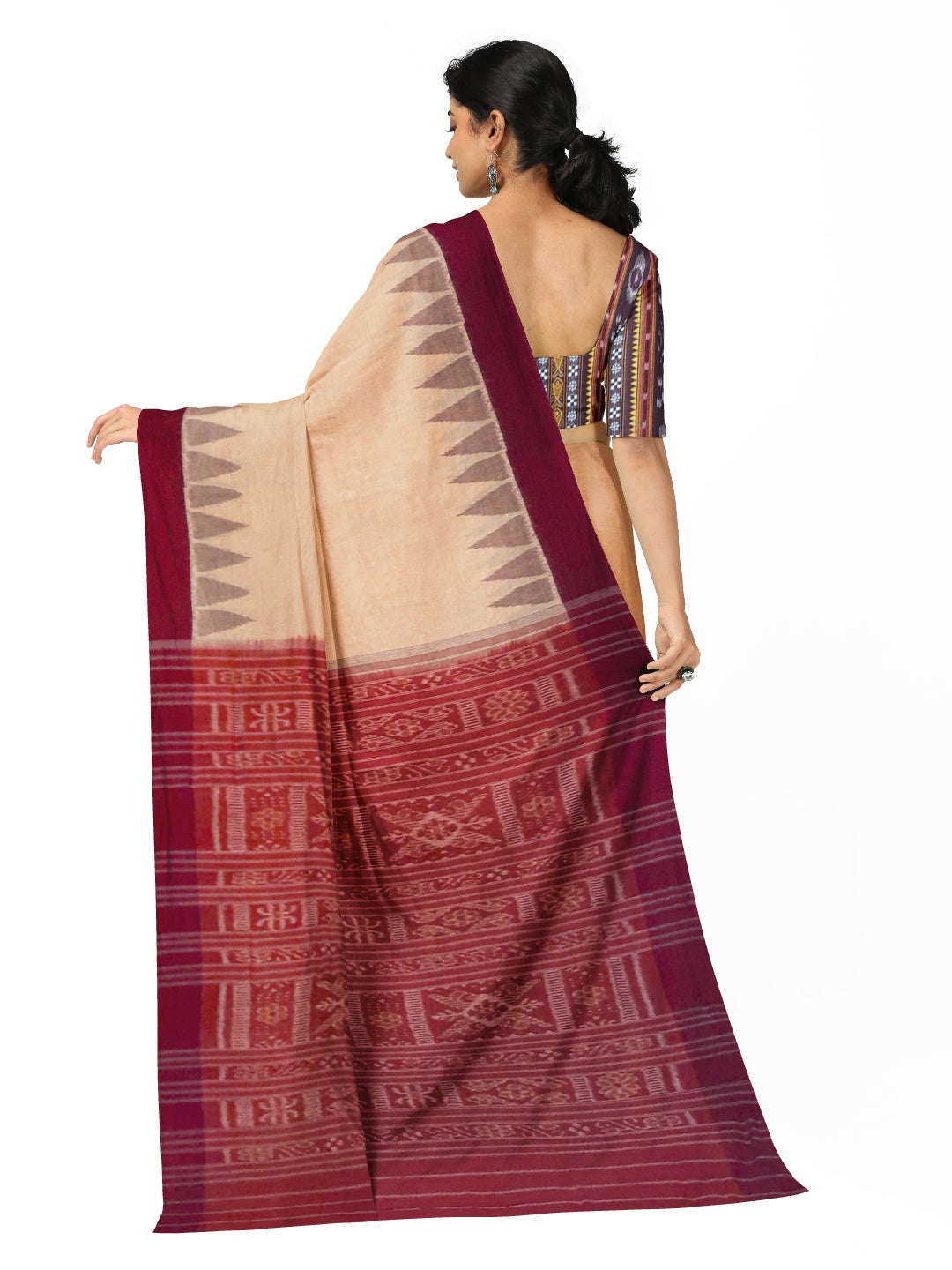 Beige with Maroon Cotton Odisha Ikat saree with mix match cotton ikat blouse piece